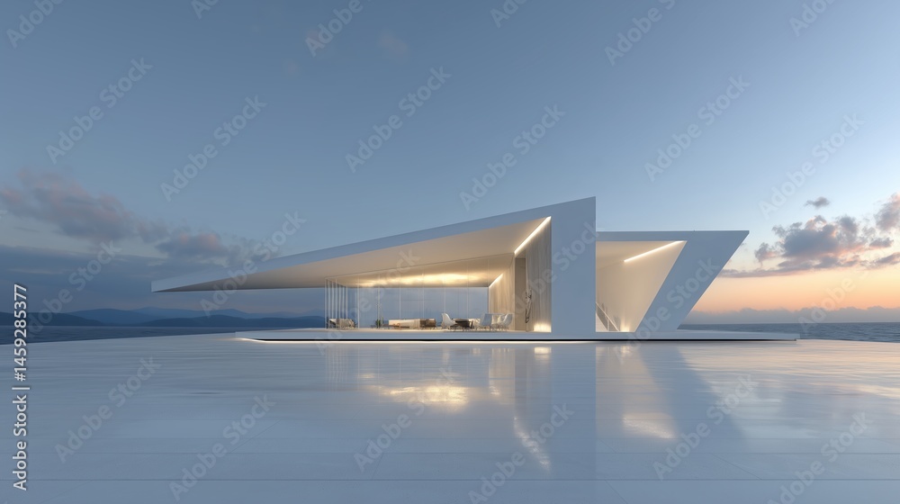 Poster 3D rendered modern architecture building with expansive seaside windows, minimalist design concept for banners or presentations. Sleek geometric structure with glass facade reflecting ocean views, cle