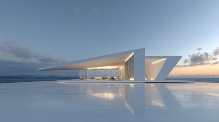 Fototapeta premium 3D rendered modern architecture building with expansive seaside windows, minimalist design concept for banners or presentations. Sleek geometric structure with glass facade reflecting ocean views, cle