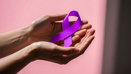 Hands Holding Purple Awareness Ribbon on Soft Background