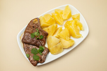 Fried Liver with boiled potato on plate