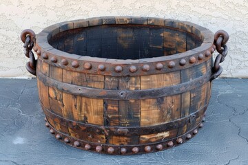Fototapeta premium Rustic wooden barrel with metal accents and handles.