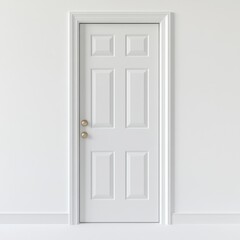 White interior door against a white wall.  Panelled door with brass door handles