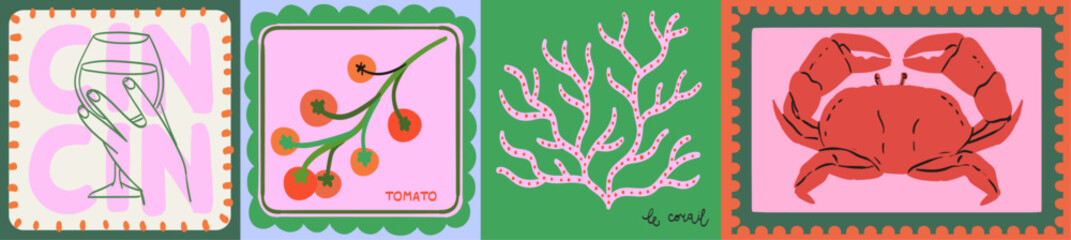 Summer. Italian, greek or spanish sea vacation Vector illustration of postage stamps and frames with coral, crab, tomatoes and wine glass for cafe or restaurant wall art, poster, placard or menu print