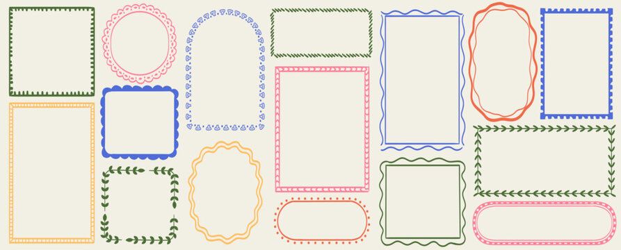 Doodle coastal frame set, hand drawn colorful border collection. Minimal hand drawn square arch and rectangle shapes kit. Elegant retro empty banner, poster, placard, postal stamp. Doodle frame decor.