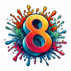 splash pop art illustration of number 8 isolated white background