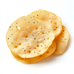 A close-up of a papadum, with a thin and crispy lentil wafer, served as an appetizer, isolated on
