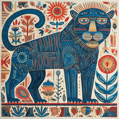 Huichol style Jaguar painting featuring vibrant colors and intricate patterns