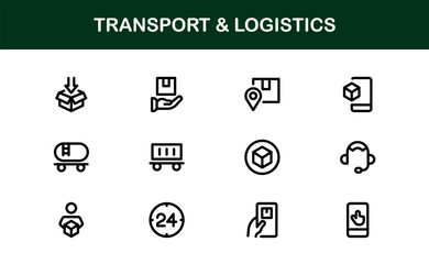 Transport Logistics Delivery and Cargo Icon Collection. Modern Shipping, Freight, Supply Chain, and Distribution Vector Illustrations