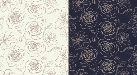 Elegant Floral Seamless Patterns:  Beige and Navy Rose Designs for Textile and Wallpaper