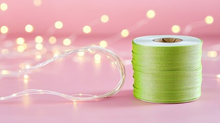 Light green ribbon spool beside string lights