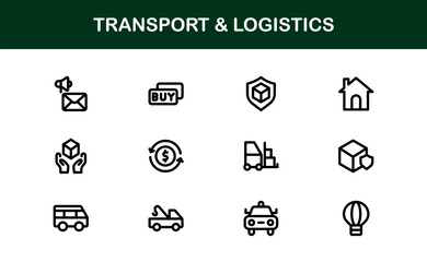 Transport Logistics Delivery and Cargo Icon Collection. Modern Shipping, Freight, Supply Chain, and Distribution Vector Illustrations
