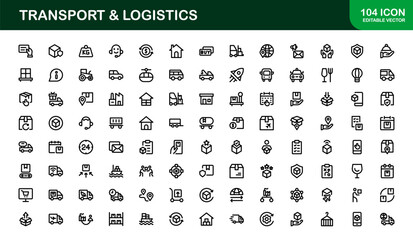 Transport Logistics Delivery and Cargo Icon Collection. Modern Shipping, Freight, Supply Chain, and Distribution Vector Illustrations