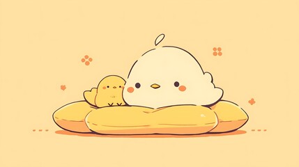 duck lying on pillow, chibi doodle style