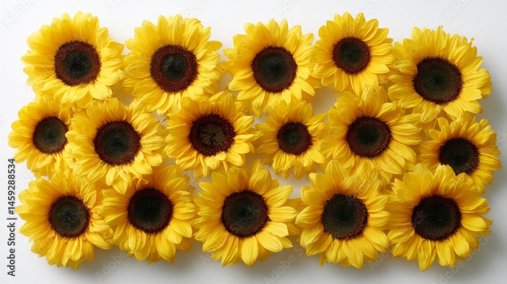 Poster A striking arrangement of twelve bright sunflowers displayed in a four by three grid, creating a lively and cheerful atmosphere against a white background