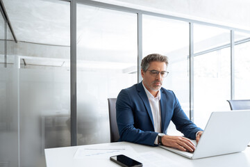 Middle age latin male entrepreneur businessman working on financial work at desk in office. Mature...