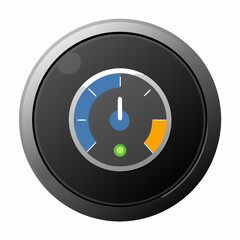 Black and blue button displaying the word prominently in the center.
