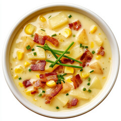 An artistic image of a bowl of creamy corn chowder, filled with sweet corn kernels, tender potatoes,