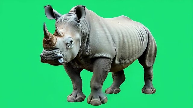 A large gray rhinoceros stands on a green background.  Its thick skin is visible, showcasing its powerful build