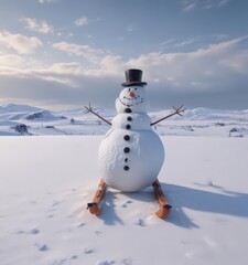 Obraz premium Lonely snowman in expansive snowy field, skis and sled nearby , frosty, frozen