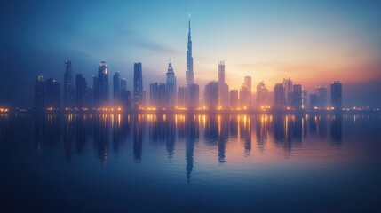 Obraz premium City Skyline at Dawn Reflection Warm Sunrise and Cool City Lights