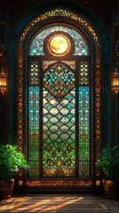Obraz premium Ornate stained glass window in arched frame, emitting warm light.