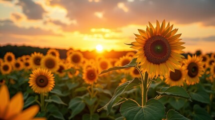 Fototapeta premium Blooming sunflowers golden heads turned to the sun radiant beauty vitality fields under the blue sky