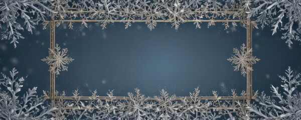 Intricate snowflake border frames wintry scene Christmas card template , winter background, winter wonderland, ice