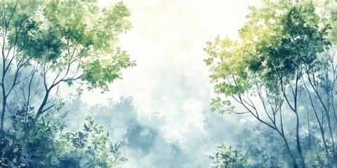 Clean Air Month Tranquil forest scene with sunlit trees and lush greenery in soft morning glow