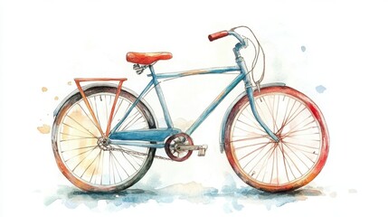 Fototapeta premium Vintage watercolor bicycle art with blue frame and red accents