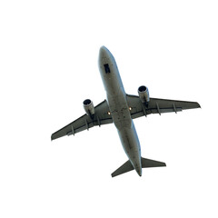A commercial airplane flying high in the sky with a transparent background