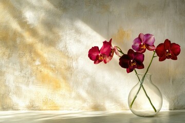 Dark pink orchids in a clear glass vase against a textured beige background, illuminated by sunlight.