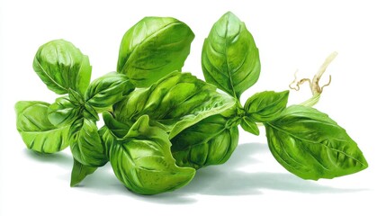Fototapeta premium Fresh green basil leaves with stem on white background