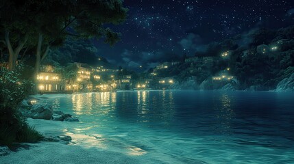 Obraz premium Coastal Town Nightscape Dark Teal Water Reflecting Starry Sky and Twinkling Lights