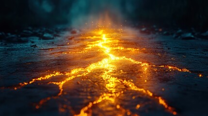 Naklejka premium Glowing lava crack path on dark ground.