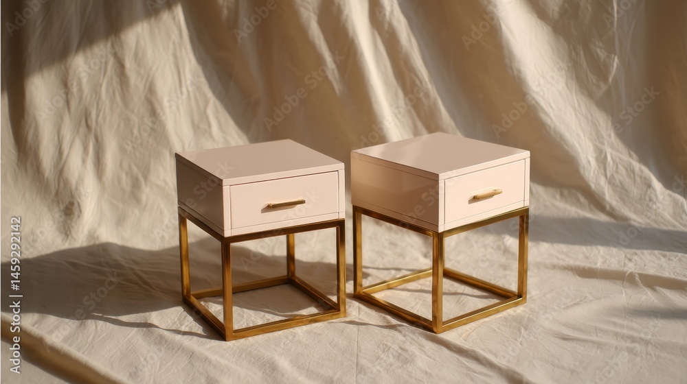 Poster elegant collection of oak bedside tables featuring brass handles set against a smooth cream backdrop