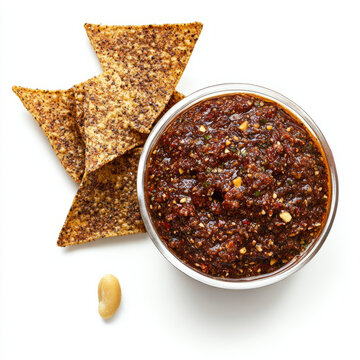 A close-up of a smoky and spicy salsa macha, made with dried chilies, nuts, and seeds, blended in