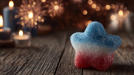 Fototapeta premium Star-shaped red, white, and blue dessert on a wooden table with fireworks, celebrating American Independence Day in a warm festive mood. 