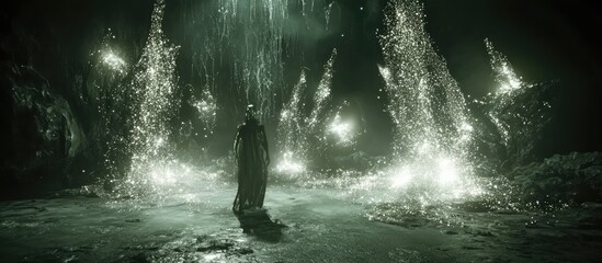 Obraz premium Mystical cavern filled with ethereal water, featuring a lone figure