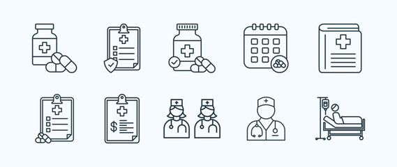 Hospital management thin icon set containing drug,health insurance,pills,schedule,medical book
