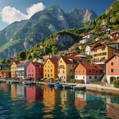 "Colorful Alpine Houses Overlooking a Serene Lake &ndash; A Scenic European Escape"