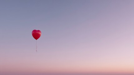 Fototapeta premium A single crimson heart-shaped balloon drifts in the dusk, set against a gentle pink sky, offering a peaceful and romantic ambiance with ample copy space