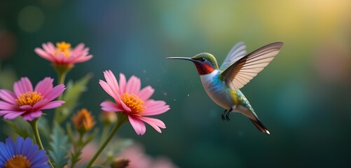 Fototapeta premium A generative AI illustration of a small hummingbird with vibrant plumage, hovering near a cluster of colorful blooming flowers, set against a softly blurred background.