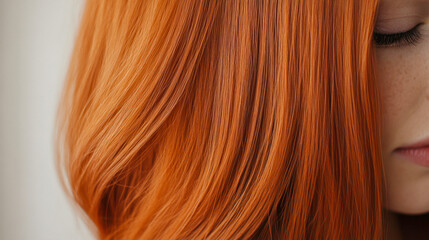 Naklejka premium Stunning orange-brown hair cascades effortlessly over shoulder showcasing shine and texture