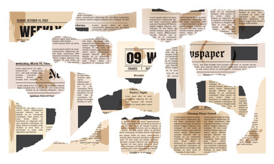 Vector vintage torn pieces of newspaper with coffee cup stains, spots and splashes isolated on transparent background. Trendy cut out paper pieces for collage design template.