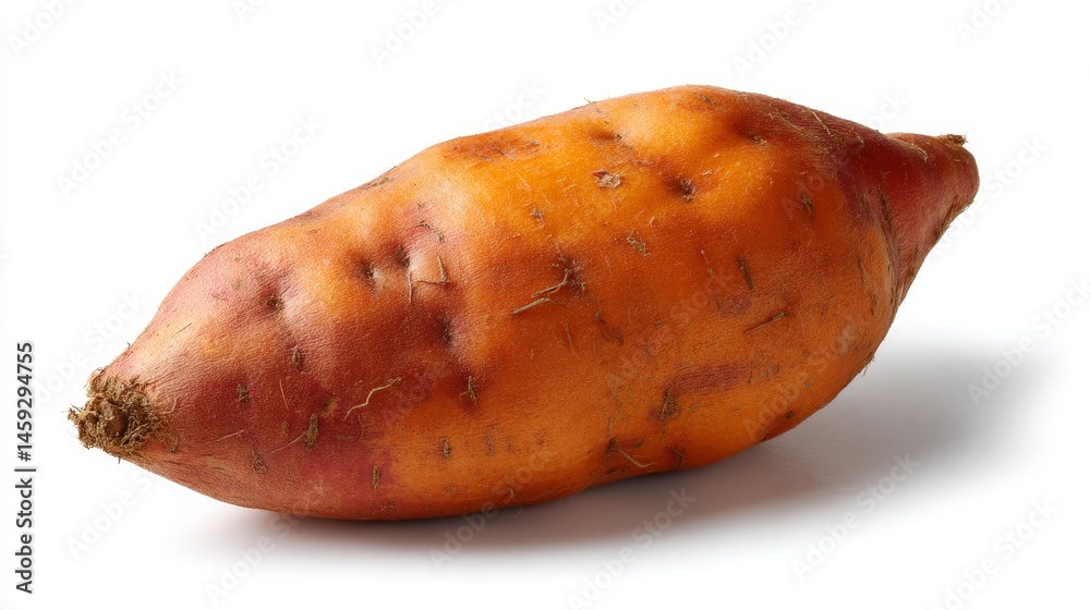 Poster A smooth-skinned deep orange yam is showcased on a glossy white surface, highlighting its texture and color, ideal for food design and editorial use