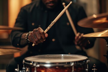 Obraz premium Close-up of Drummer's Hands Gripping Drumsticks with Poise and Skill in a Live Music Setting