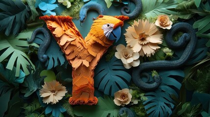 Naklejka premium Paper art letter Y, parrot, snakes, flowers, jungle.