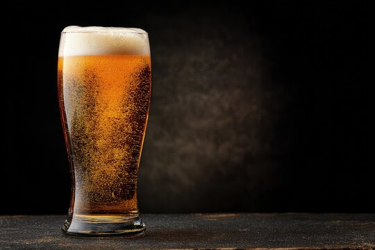 Chilled amber beer with frothy top in a tall glass on black surface, ideal for pub menus, advertising designs, and beverage packaging - Powered by Adobe