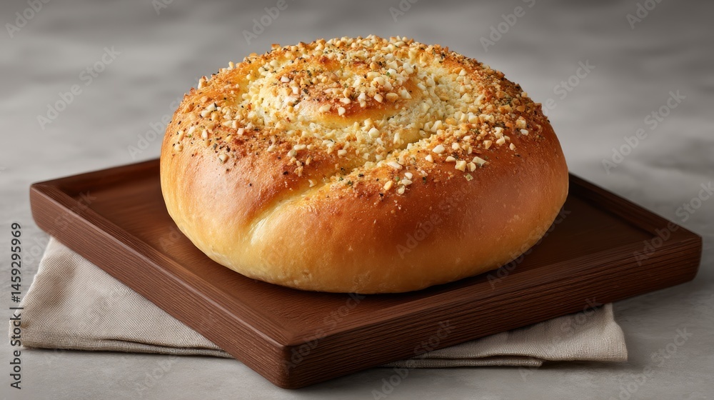 Poster a golden pastry swirl, generously topped with crushed hazelnuts, sits invitingly on a rustic baking 