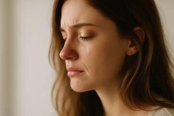 Obraz premium Emotional young woman crying with tear on cheek in close-up portrait